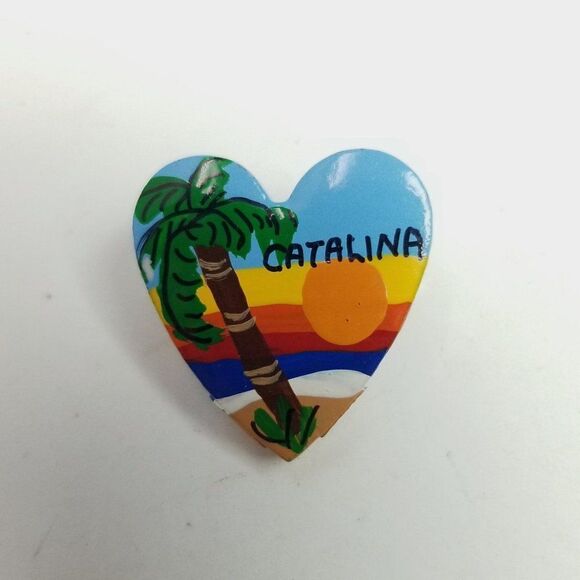 Vintage Catalina Heart Shape Tropical Palm Tree Sunset Brooch, Lapel Pin - Picture 5 of 6